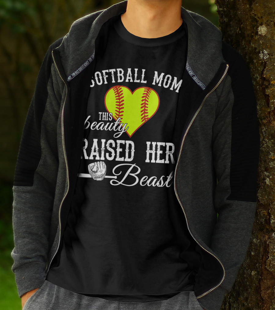 Softball Mom Heart Baseball Beauty Raised Her Beast T-Shirt