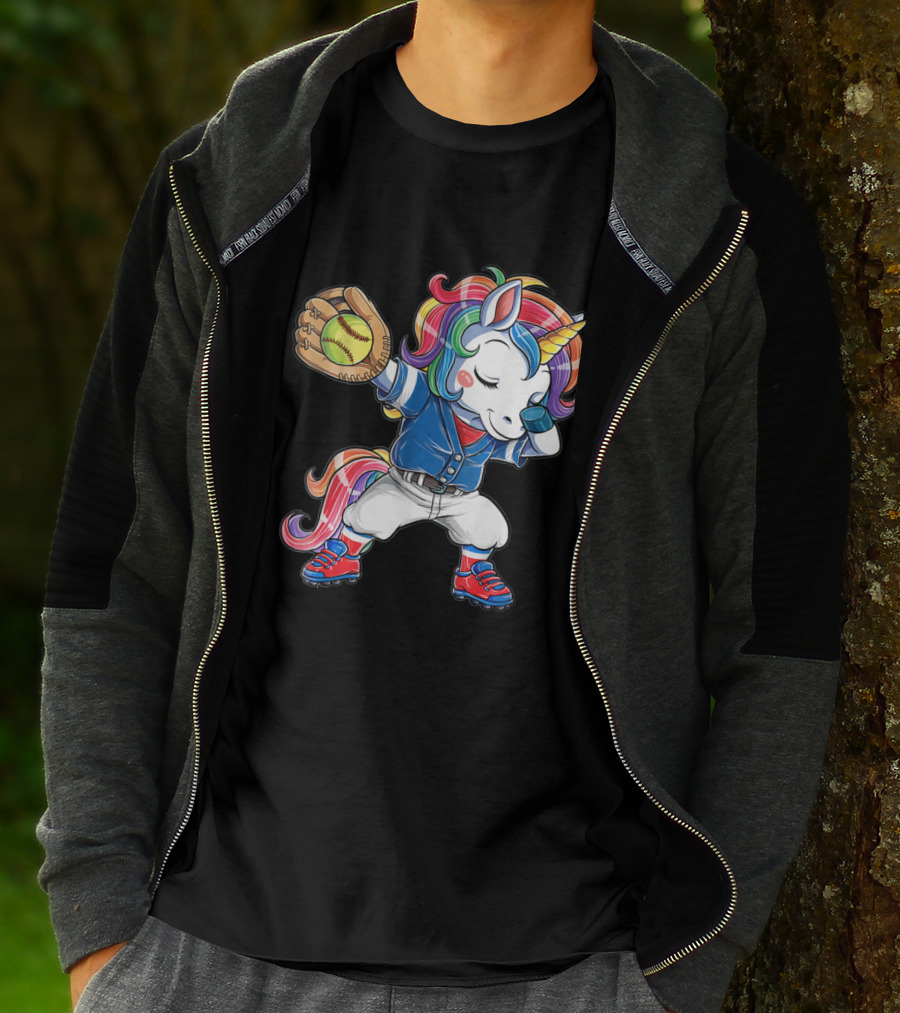 Unicorn Dabbing Rainbow Softball Player Catching Glove T-Shirt
