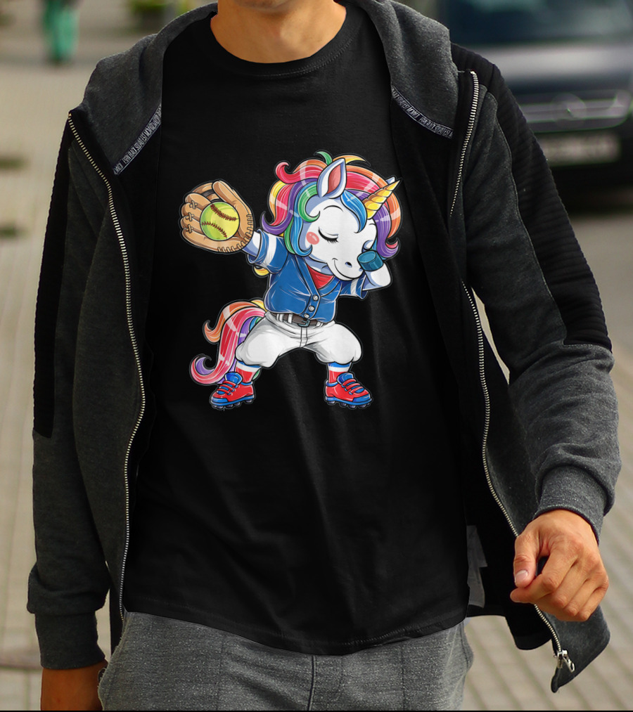 Unicorn Dabbing Rainbow Softball Player Catching Glove T-Shirt