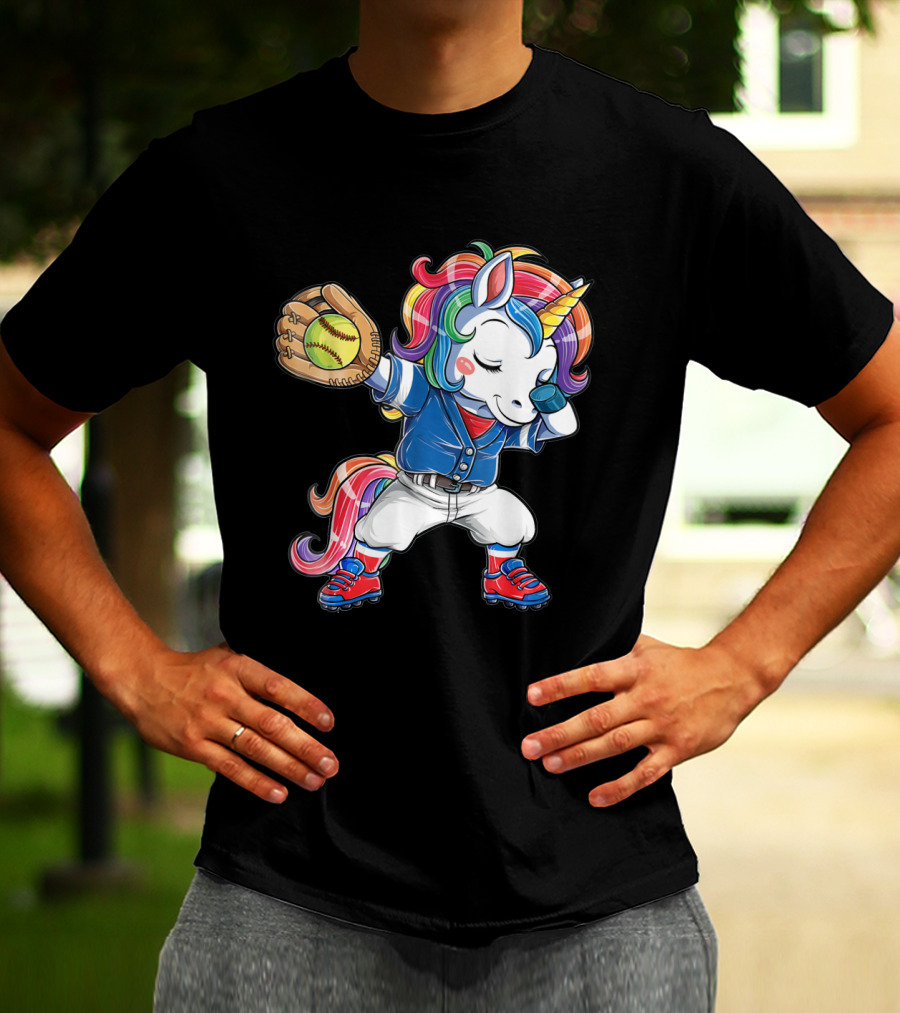 Unicorn Dabbing Rainbow Softball Player Catching Glove T-Shirt