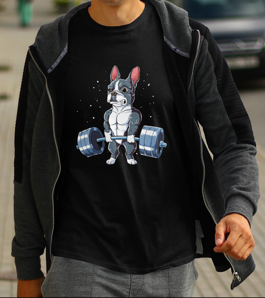 Weight Lifting Boston Terrier With Barbell T-Shirt