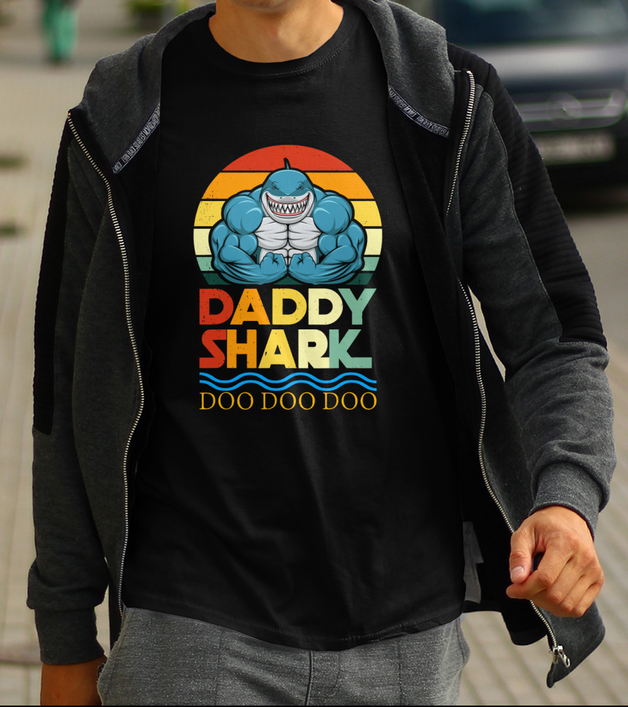 Daddy Shark Doo Doo Doo Retro Weight Lifting Shark T-Shirt
