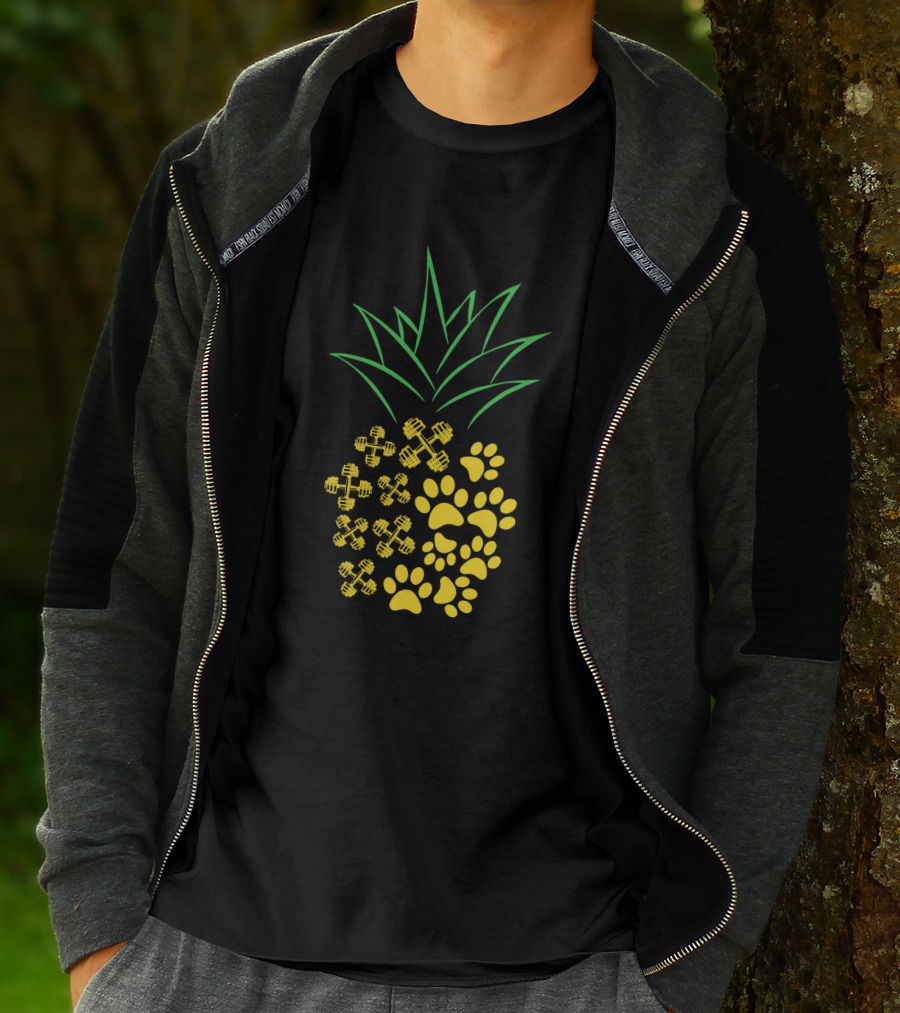 Weight Lifting Pineapple With Dumbbells And Paw Prints T-Shirt