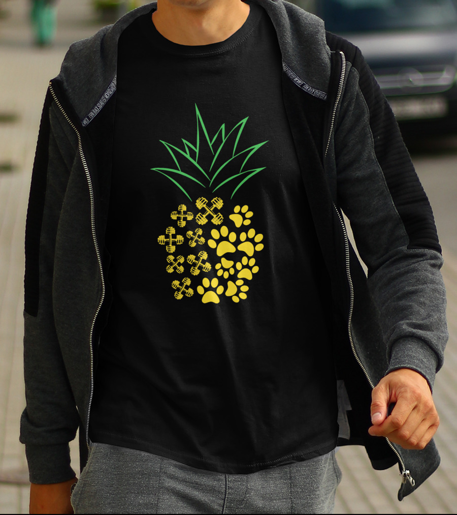 Weight Lifting Pineapple With Dumbbells And Paw Prints T-Shirt