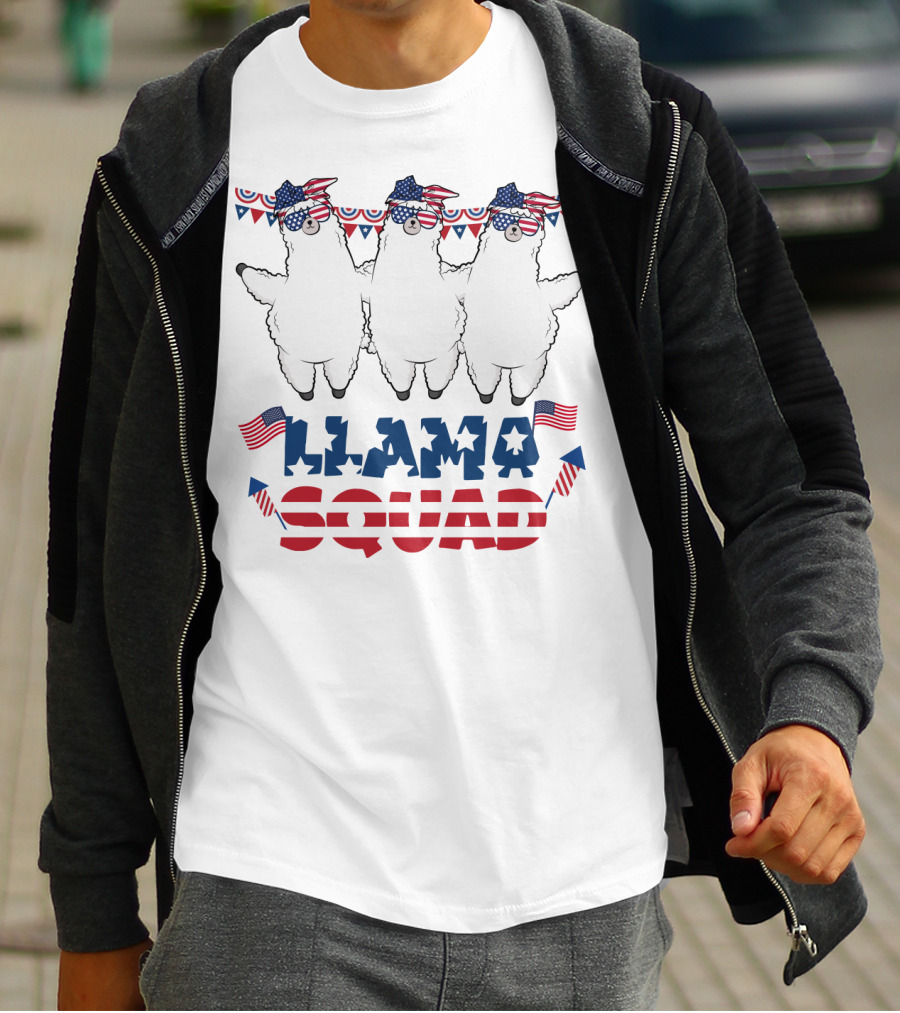 Llama Squad American Flag Bandana And Sunglasses T-Shirt