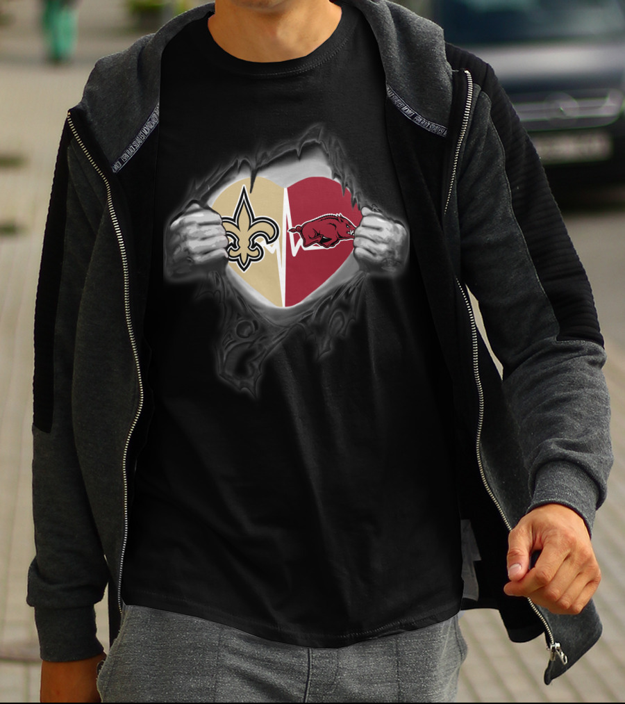 New Orleans Saints Arkansas Razorbacks Heartbeat Loyalty Fan Crossover T-Shirt
