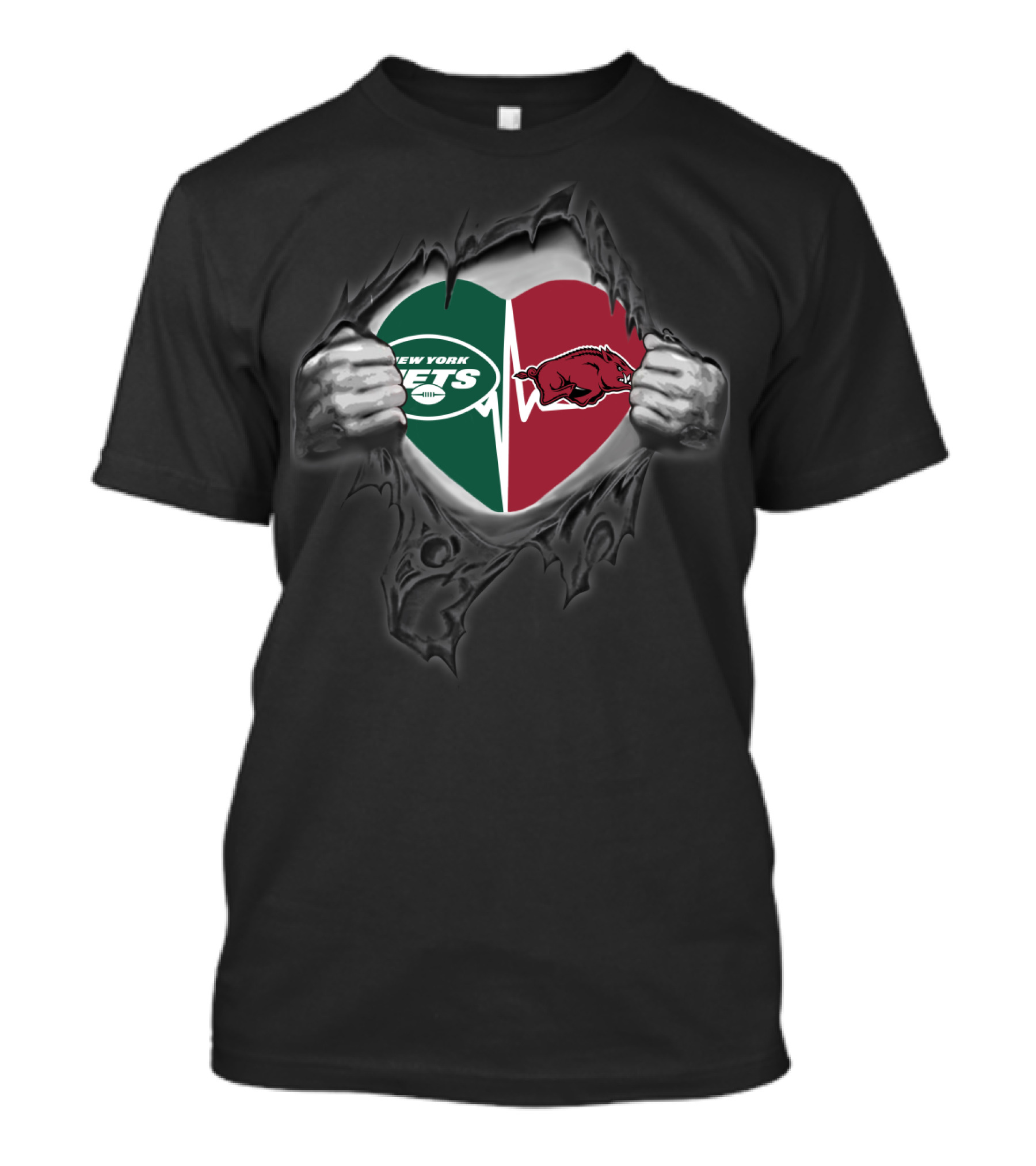 New York Jets Arkansas Razorbacks Heart Torn T-Shirt