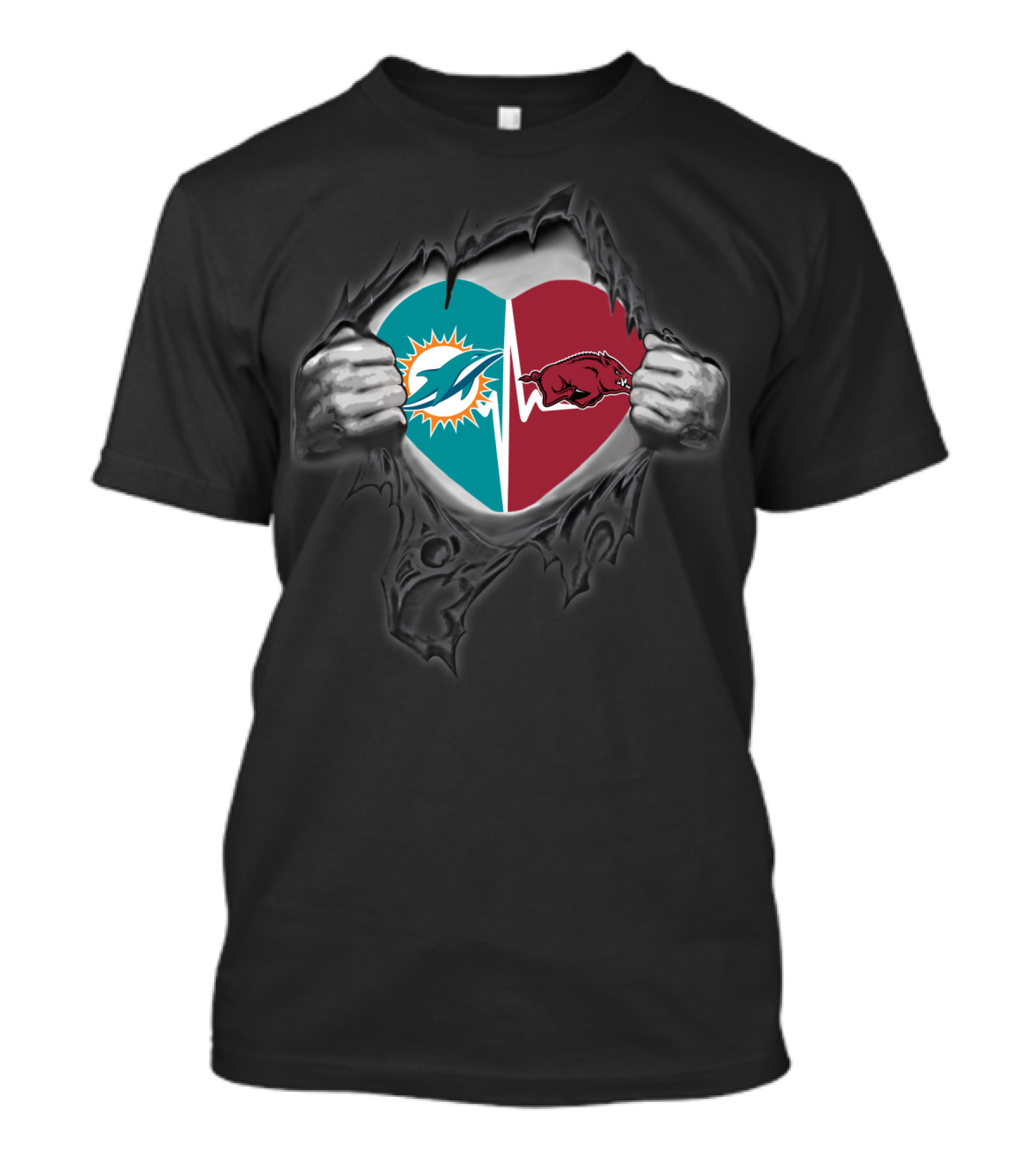 Miami Dolphins Heart Arkansas Razorbacks Logo Fusion T-Shirt