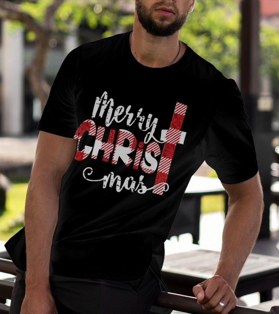 Merry Christ Mas Striped Cross Red Glitter T-Shirt