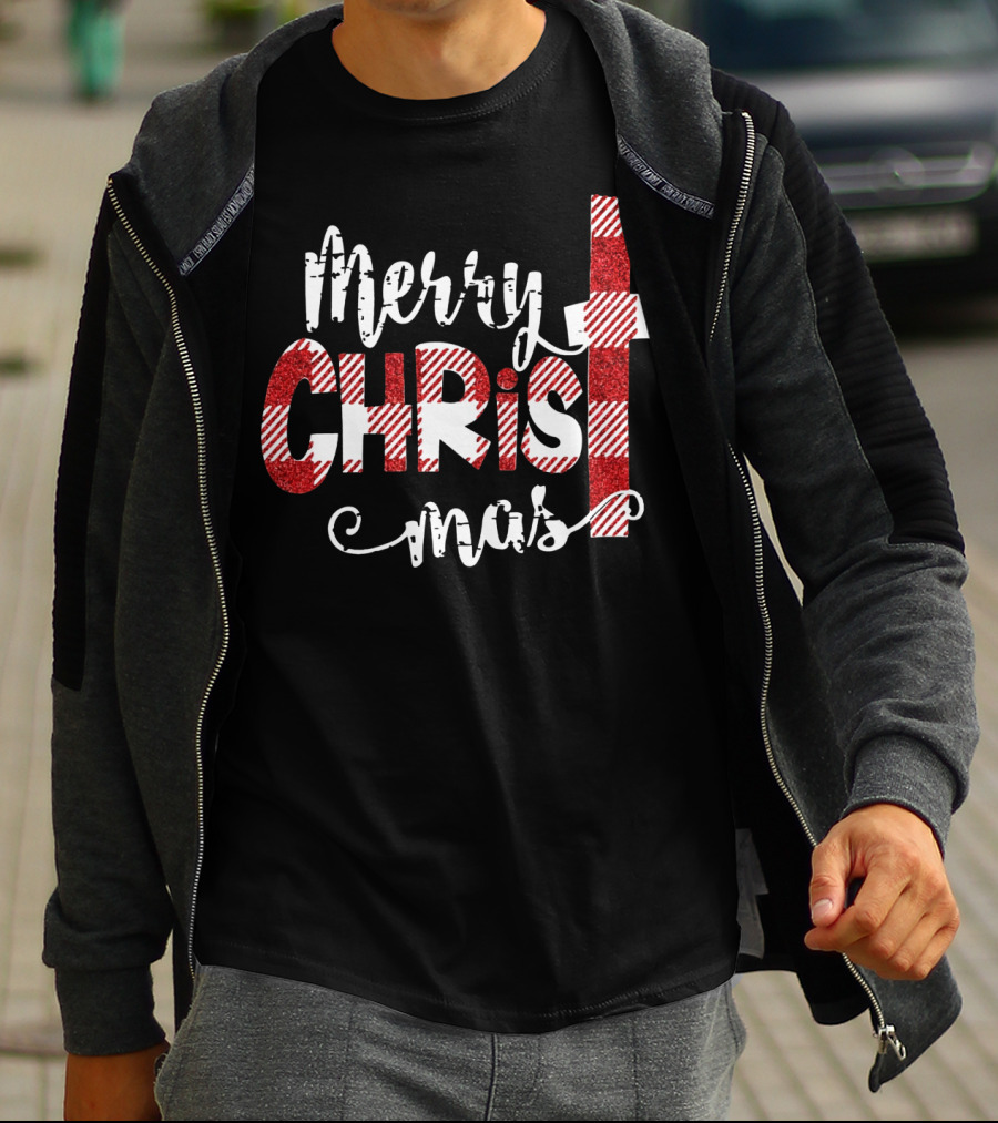 Merry Christ Mas Striped Cross Red Glitter T-Shirt