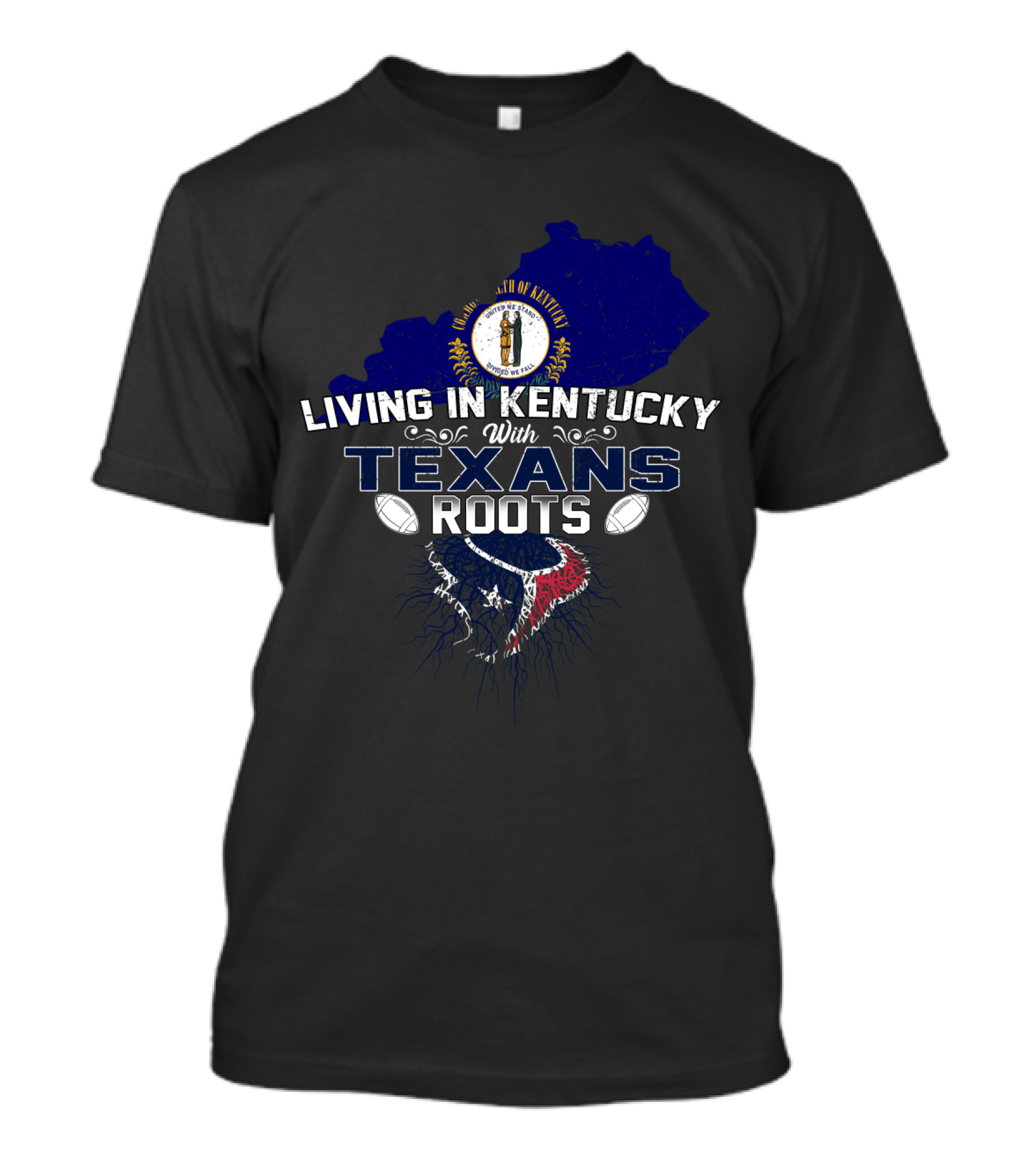Living In Kentucky With Texans Roots Kentucky State Seal Football Motif T-Shirt
