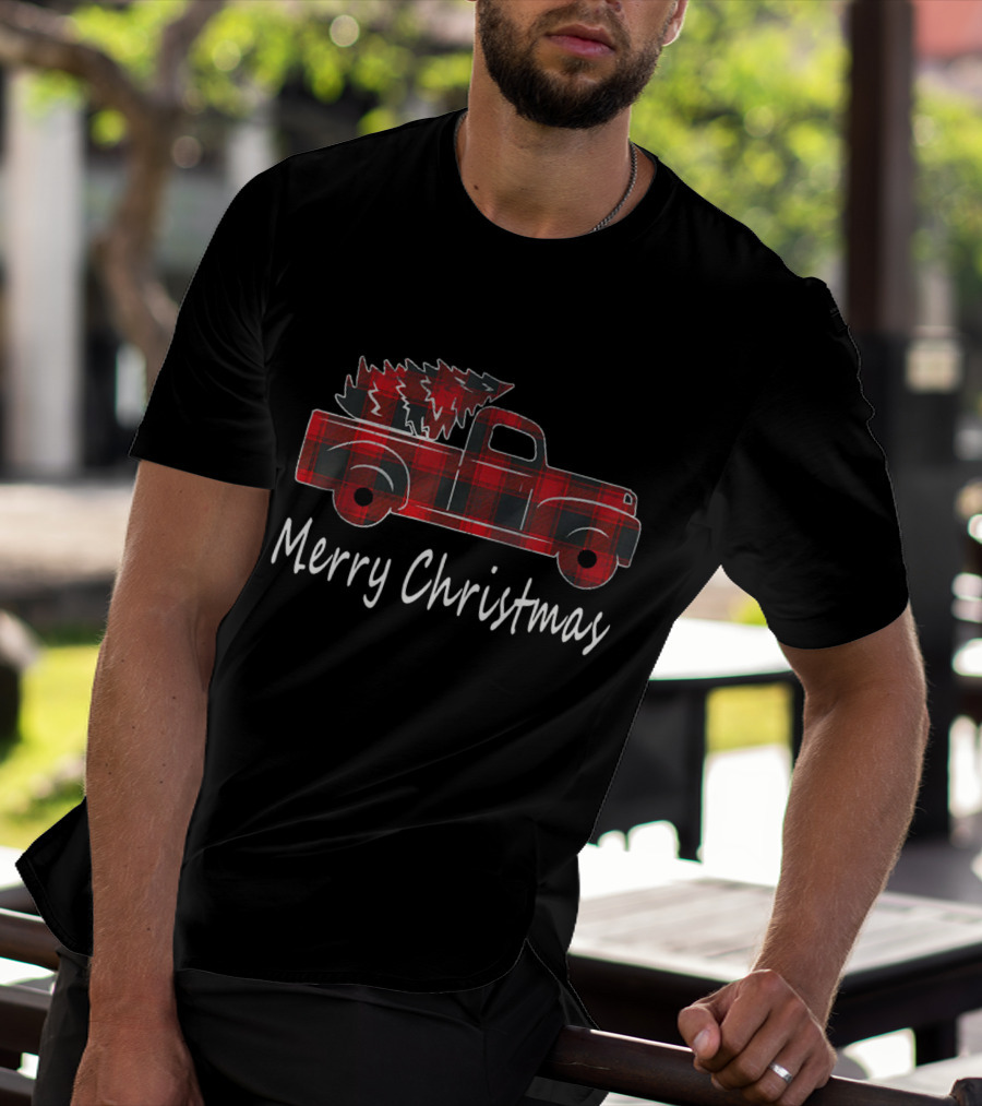 Buffalo Plaid Merry Christmas Red Truck And Tree T-Shirt