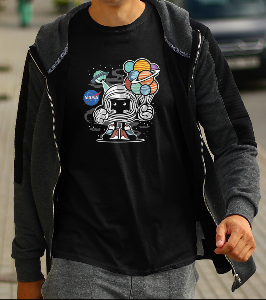 NASA Astronaut Adventure Holding Planet Balloons T-Shirt