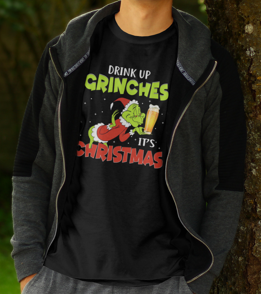 Drink Up Grinches It's Christmas Santa Grinch Holding Beer T-Shirt