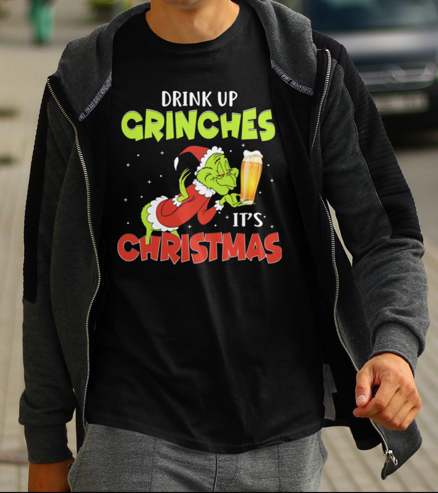 Drink Up Grinches It's Christmas Santa Grinch Holding Beer T-Shirt