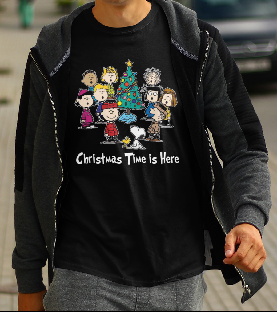 Christmas Time Is Here Peanuts Characters Gather Around The Festive Tree T-Shirt