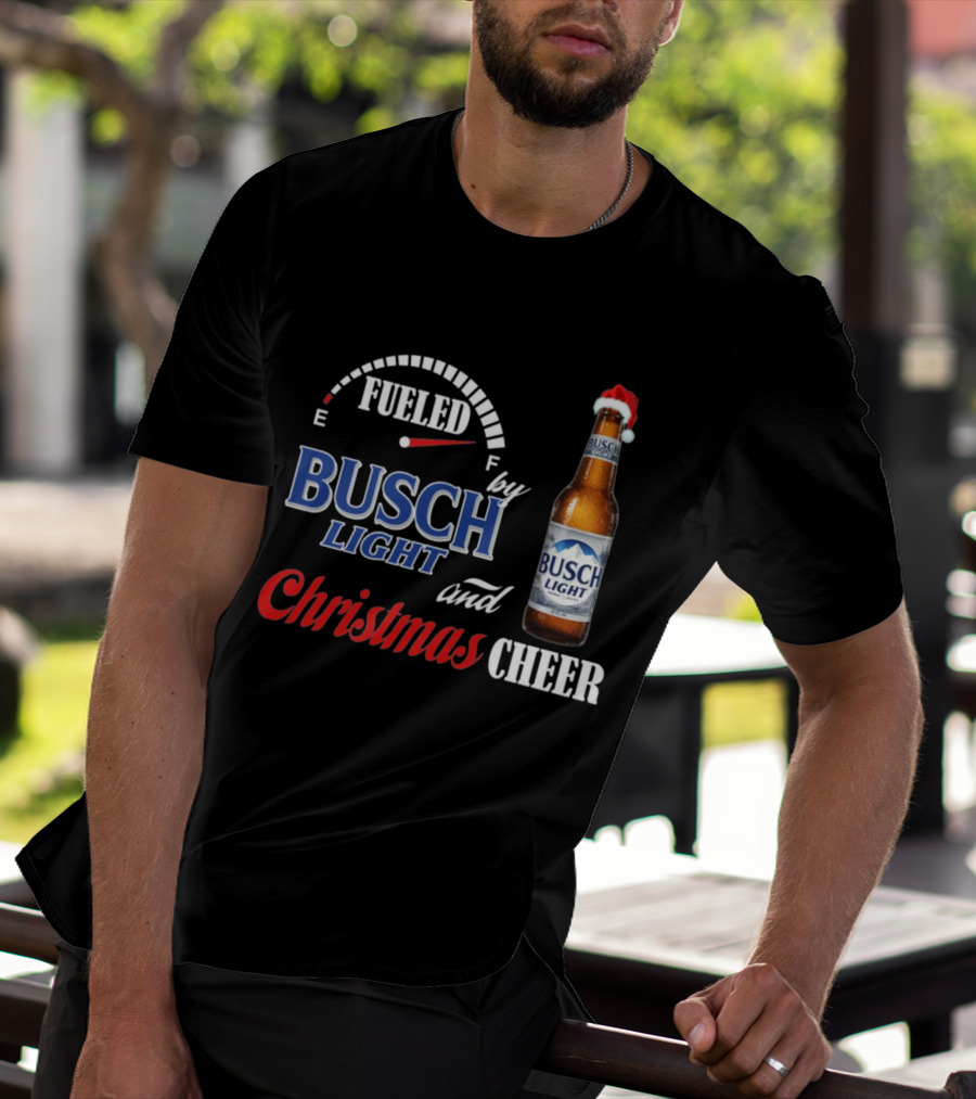 Fueled By Busch Light Christmas Cheer Beer Bottle Santa Hat T-Shirt