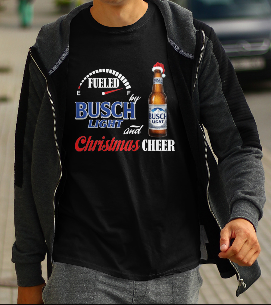 Fueled By Busch Light Christmas Cheer Beer Bottle Santa Hat T-Shirt