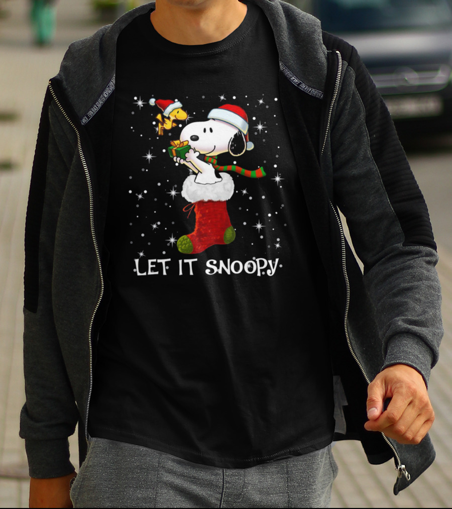 Let It Snoopy Snoopy In Christmas Sock With Santa Hat And Present T-Shirt