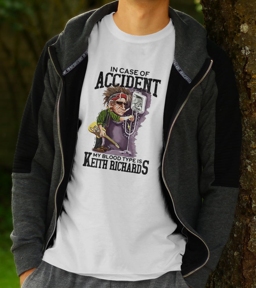 In Case Of Accident My Blood Type Is Keith Richards Caricature With Guitar And IV Stand T-Shirt