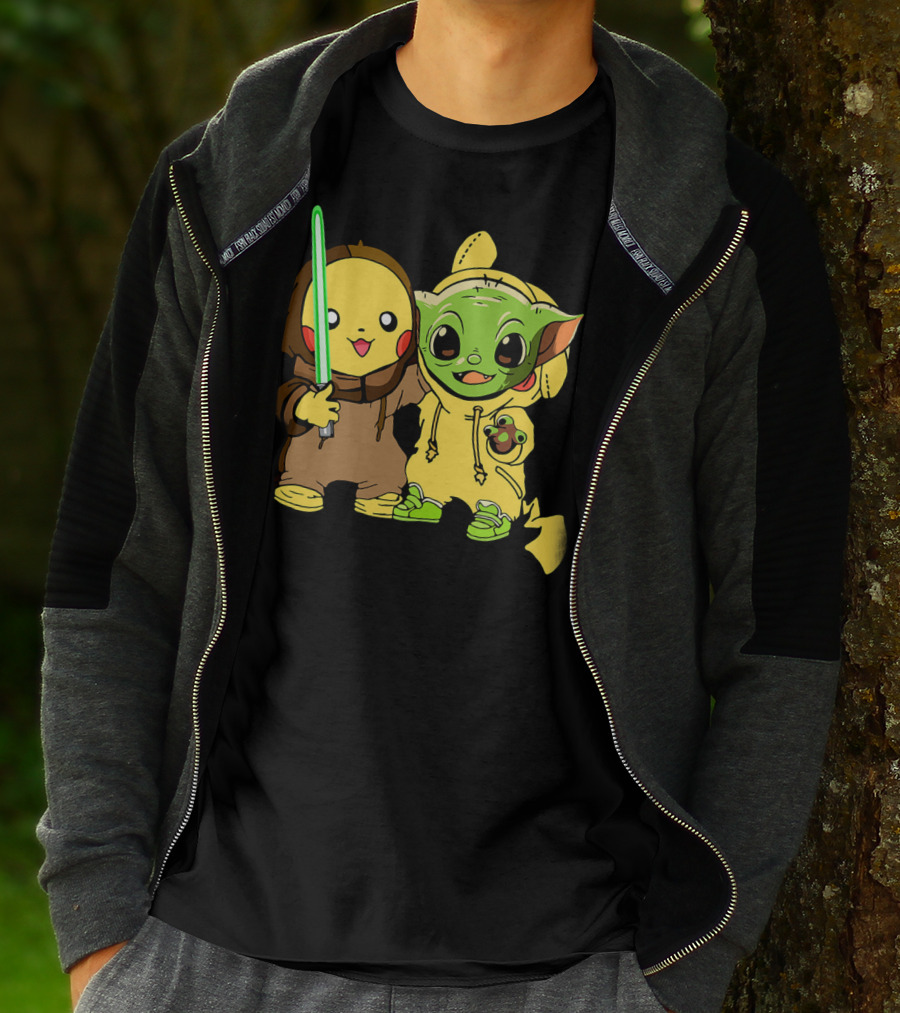 Baby Yoda Pikachu With Lightsaber Jedi Hoodie Duo T-Shirt