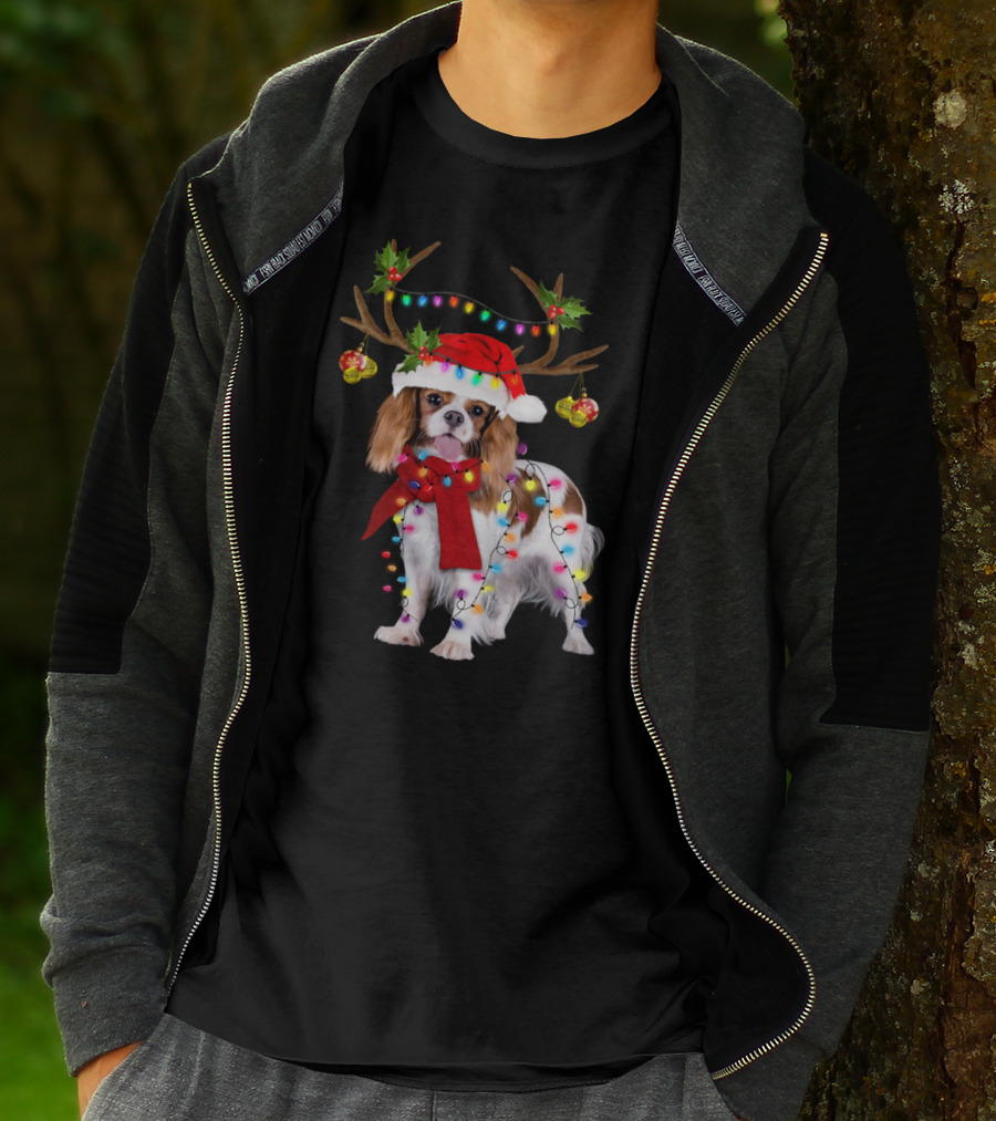 Cavalier King Charles Spaniel Christmas Reindeer Lights T-Shirt