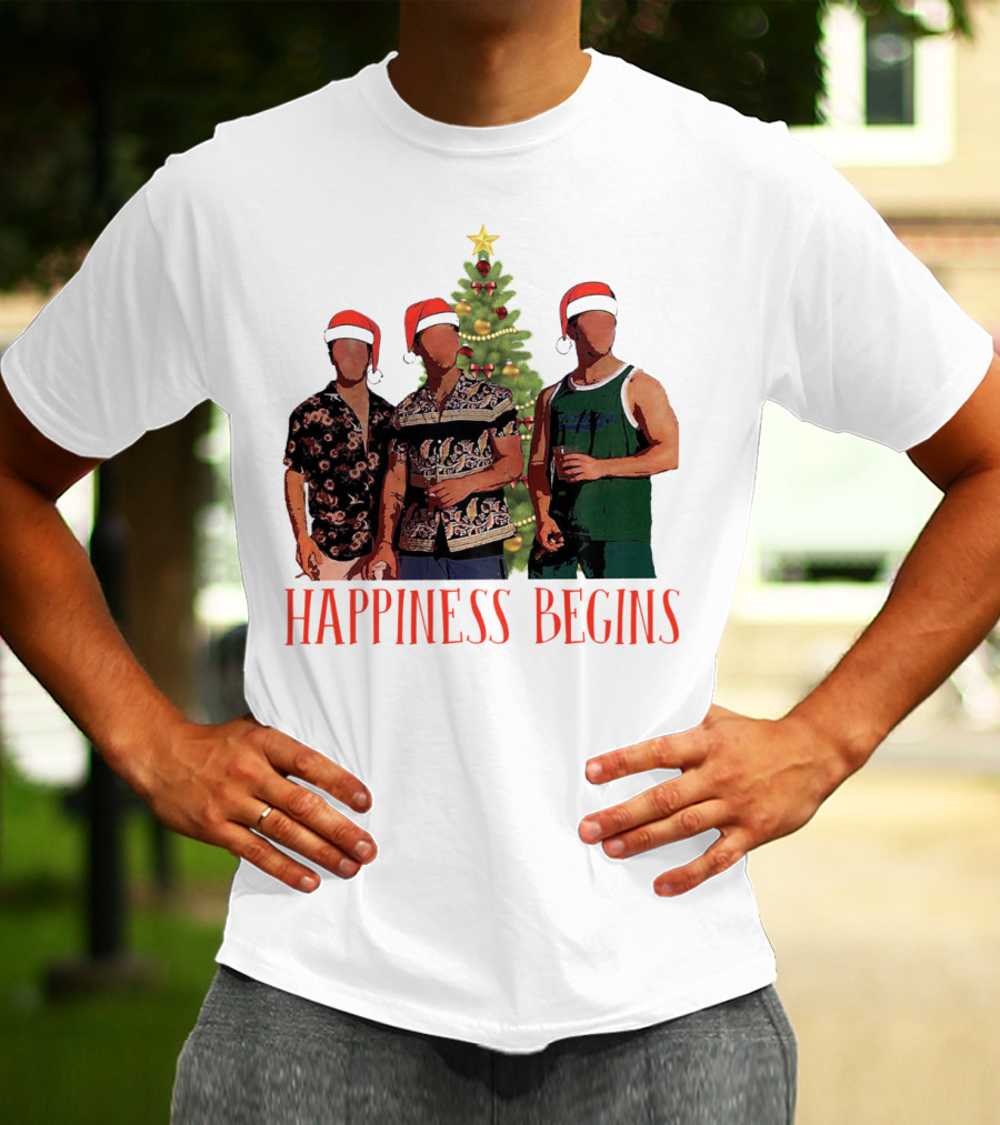 Happiness Begins Santa Trio With Christmas Tree T-Shirt