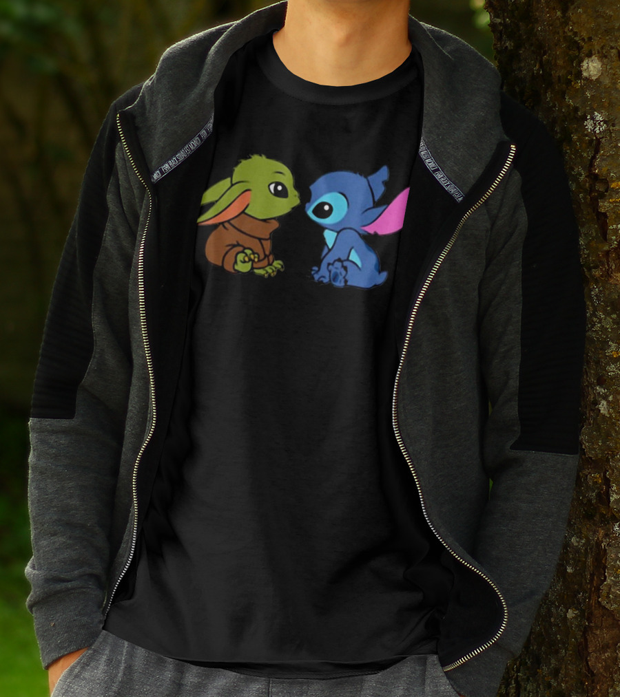Baby Yoda And Baby Stitch Cute Characters Crossover T-Shirt