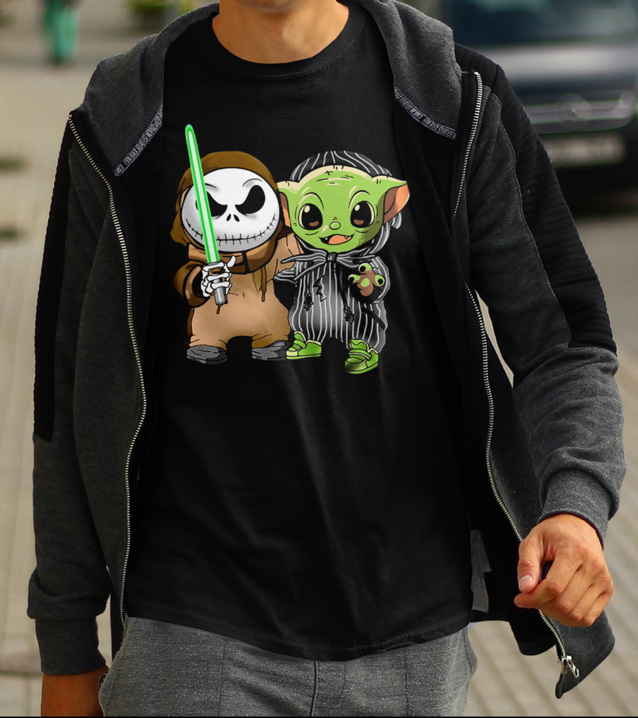 Jack Skellington In Jedi Robe And Baby Yoda In Striped Suit With Lightsaber T-Shirt