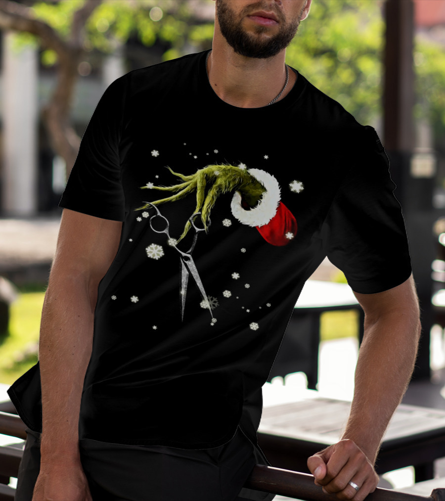 Grinch Hand Holding Scissors Santa Hat Snowflakes T-Shirt