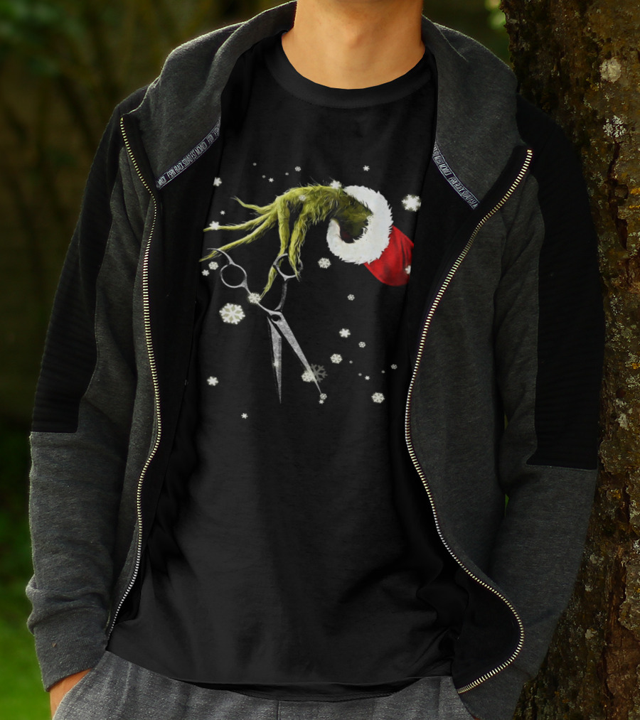 Grinch Hand Holding Scissors Santa Hat Snowflakes T-Shirt