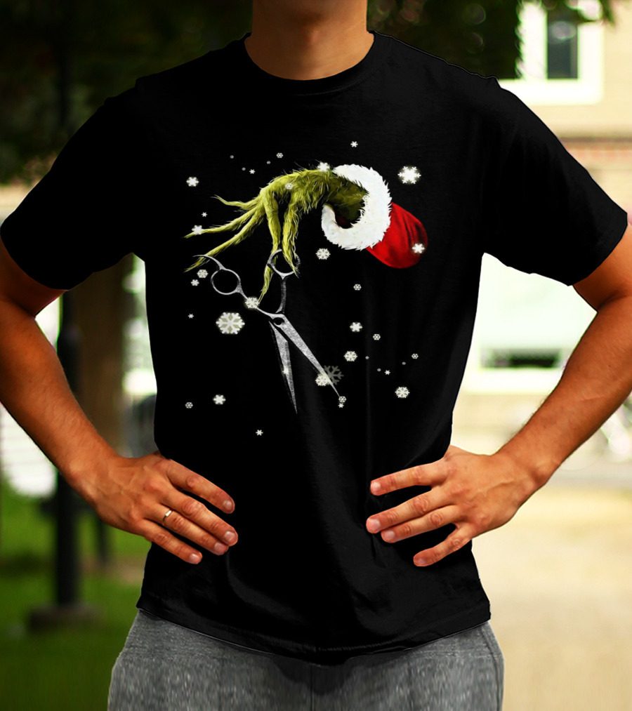 Grinch Hand Holding Scissors Santa Hat Snowflakes T-Shirt