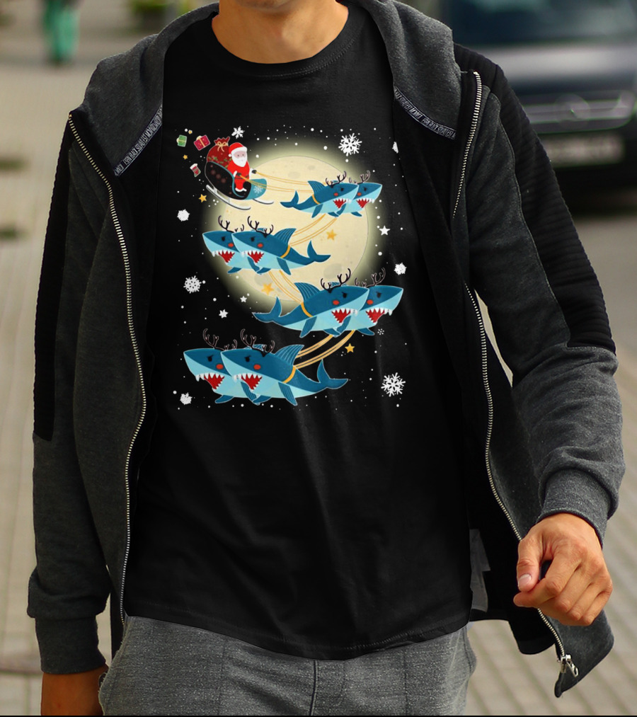 Santa Claus Riding Shark Reindeer Full Moon Snowflakes T-Shirt