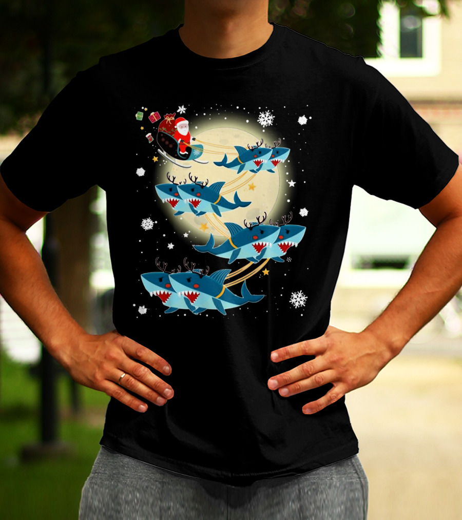 Santa Claus Riding Shark Reindeer Full Moon Snowflakes T-Shirt