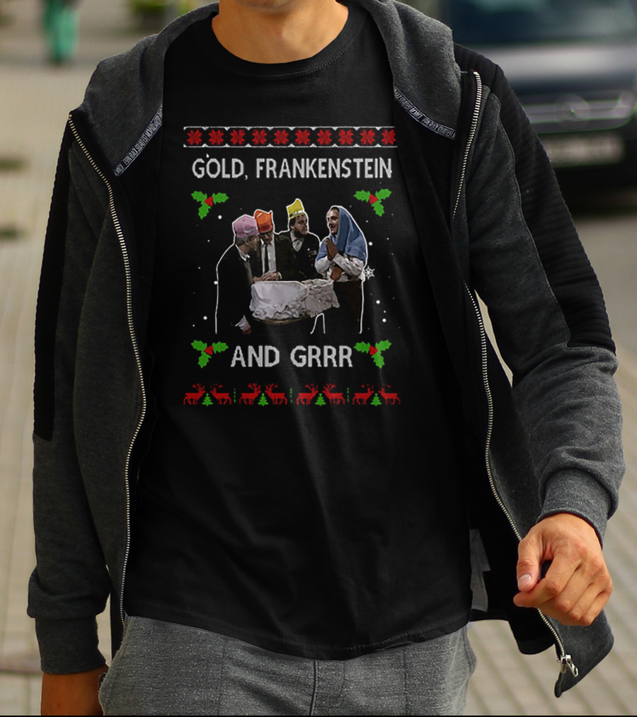Gold Frankenstein And Grrr Christmas Nativity Scene T-Shirt