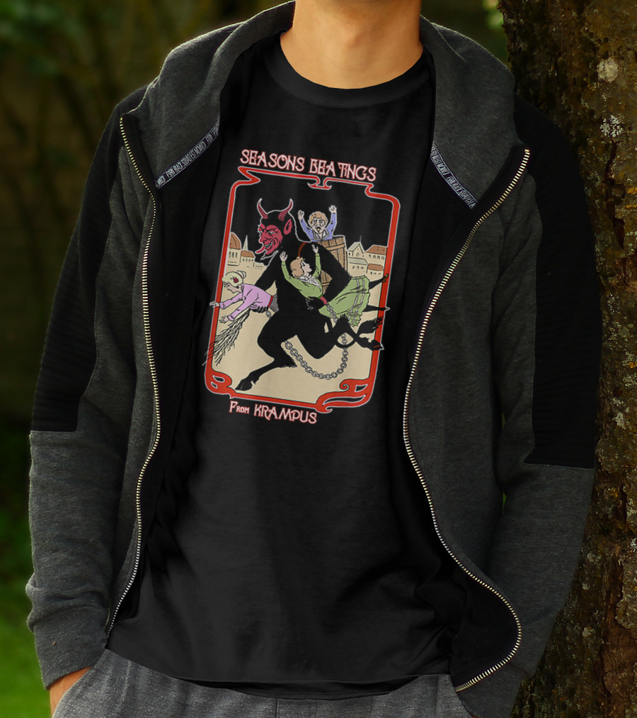 Seasons Beatings From Krampus With Festive Cityscape And Naughty Children T-Shirt