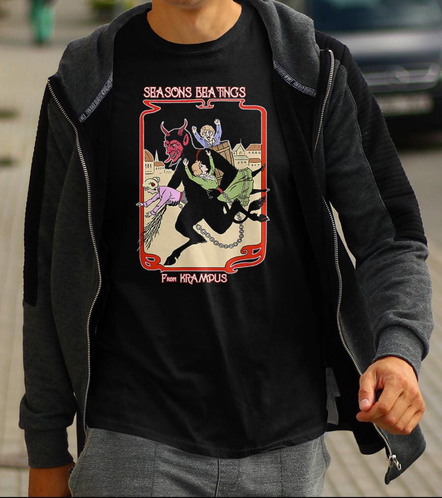 Seasons Beatings From Krampus With Festive Cityscape And Naughty Children T-Shirt