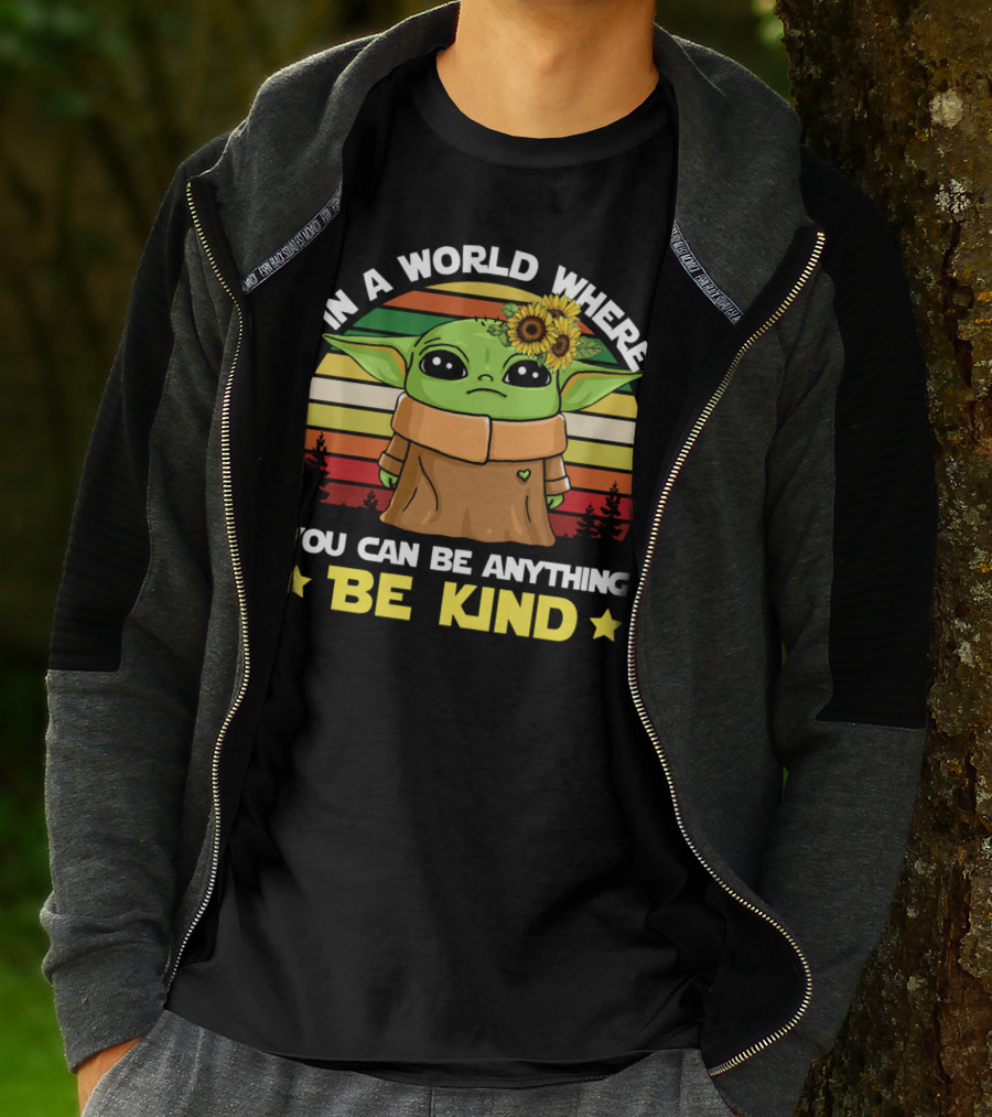 In A World Where You Can Be Anything Be Kind Baby Yoda With Sunflowers And Retro Stripes T-Shirt