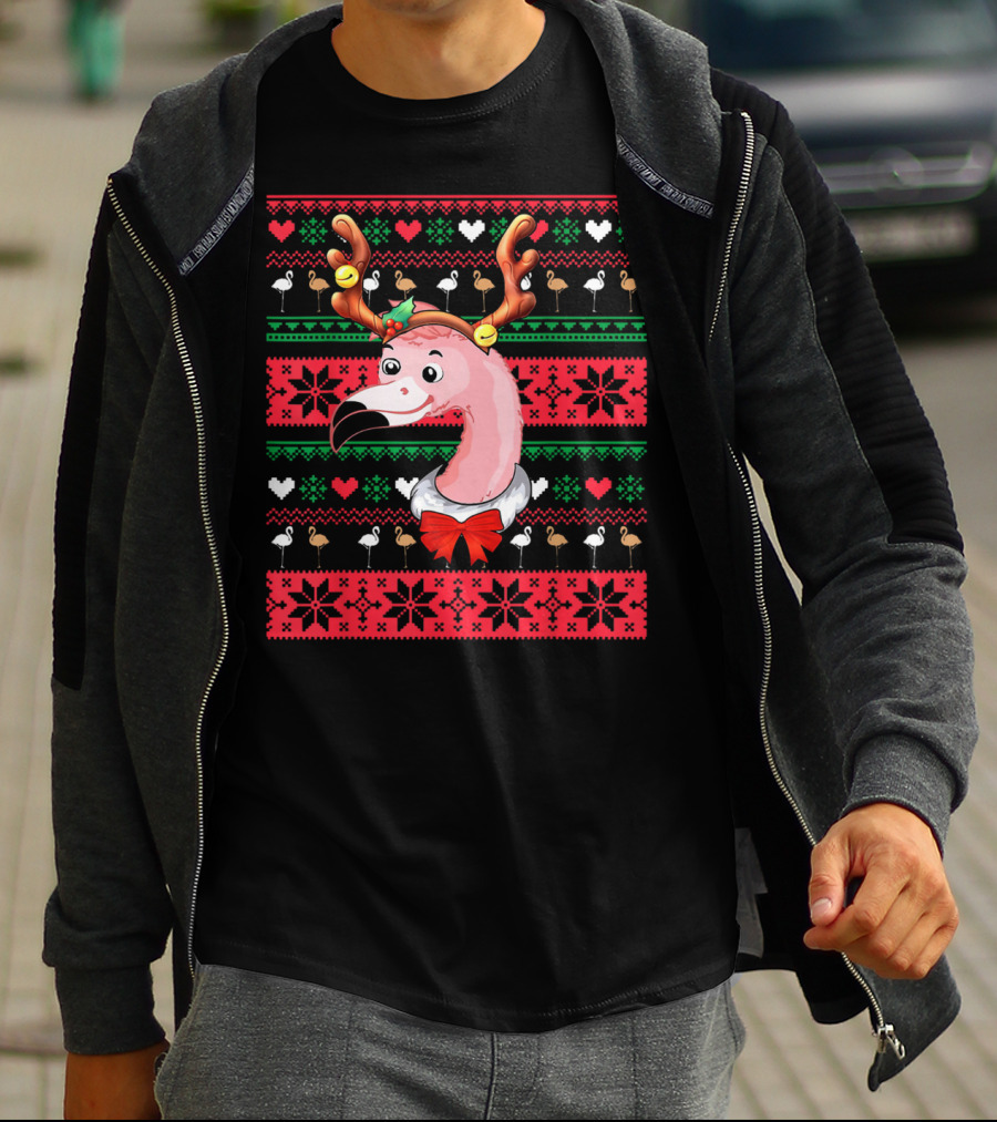 Santa Flamingo Reindeer Ugly Christmas T-Shirt