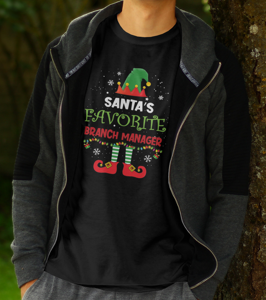 Santa's Favorite Branch Manager Elf Christmas Lights Hat Snowflakes T-Shirt