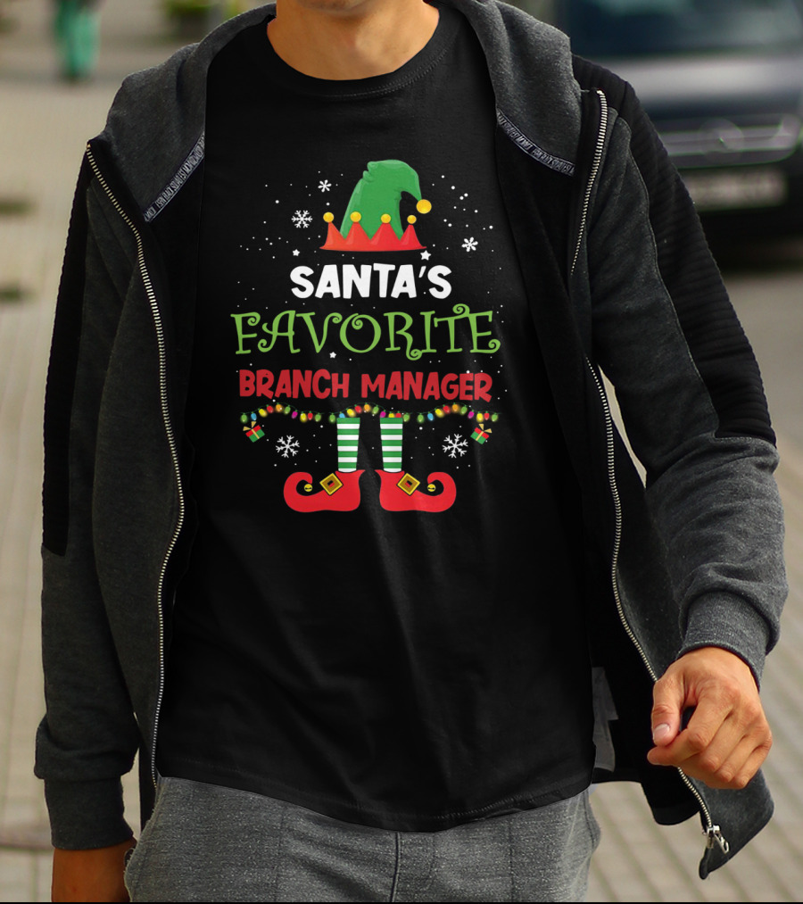 Santa's Favorite Branch Manager Elf Christmas Lights Hat Snowflakes T-Shirt