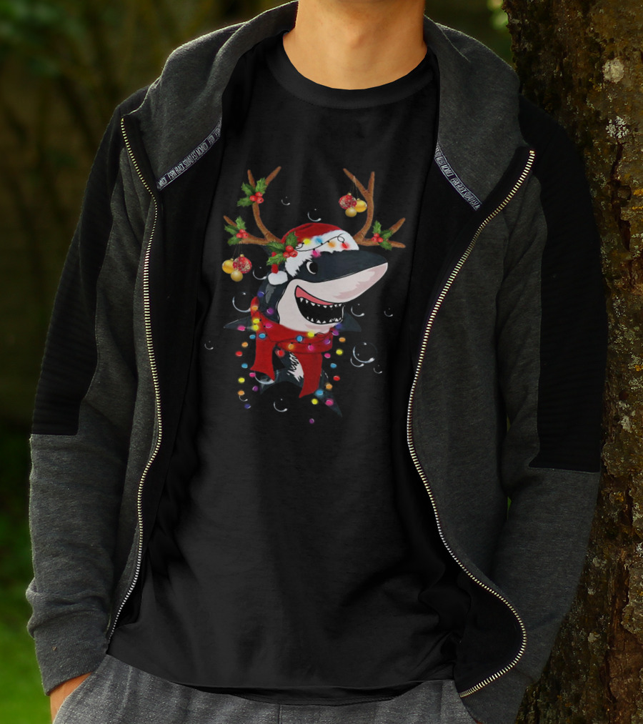 Shark With Christmas Reindeer Antlers And Santa Hat T-Shirt