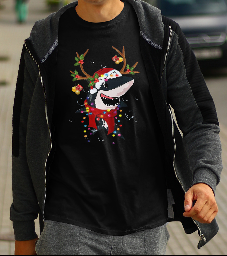 Shark With Christmas Reindeer Antlers And Santa Hat T-Shirt