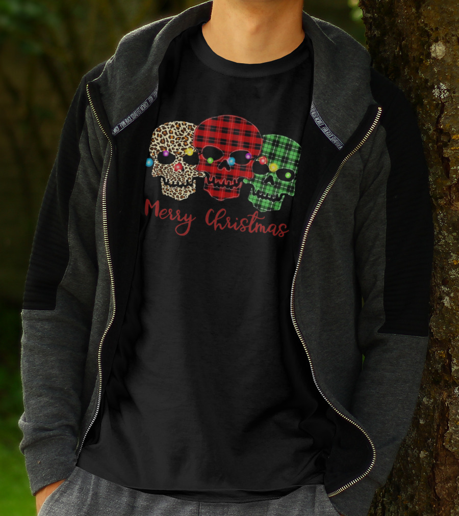 Merry Christmas Skulls Leopard Red Green Plaid Printed T-Shirt