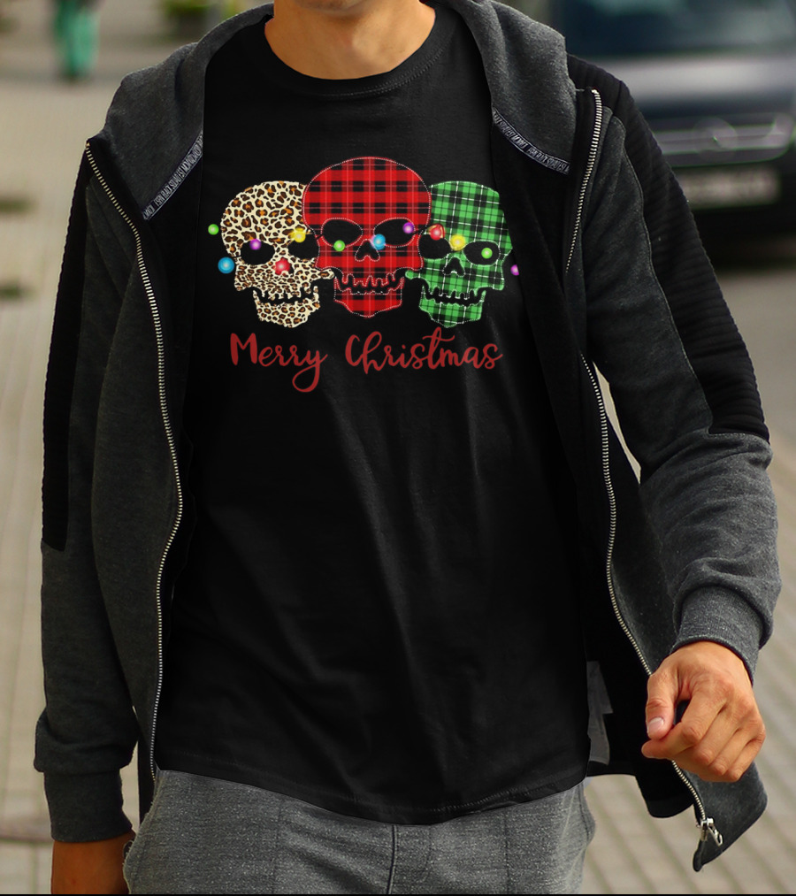 Merry Christmas Skulls Leopard Red Green Plaid Printed T-Shirt