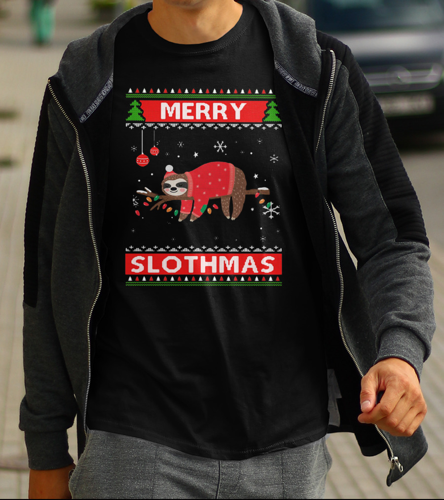 Merry Slothmas Christmas Sloth In Festive Sweater With Trees And Snowflakes T-Shirt