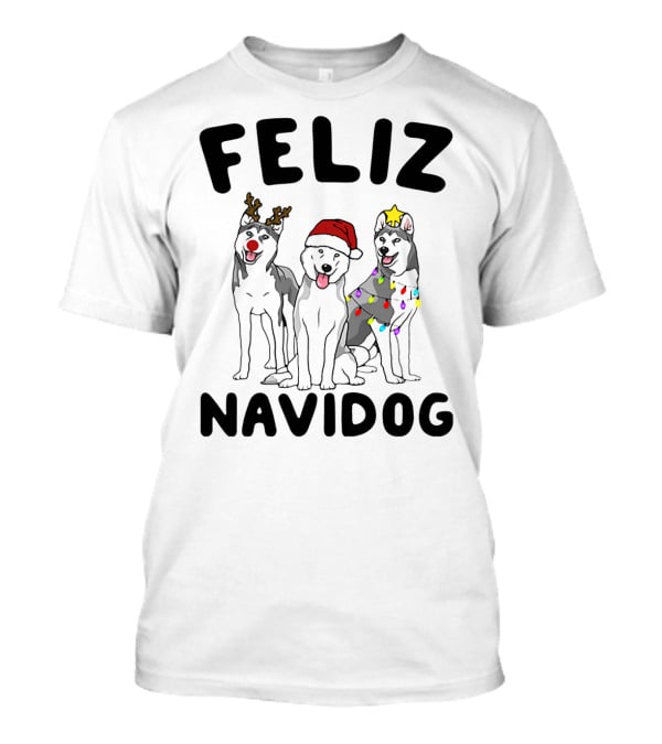 Feliz Navidog Husky Reindeer Santa Lights T-Shirt