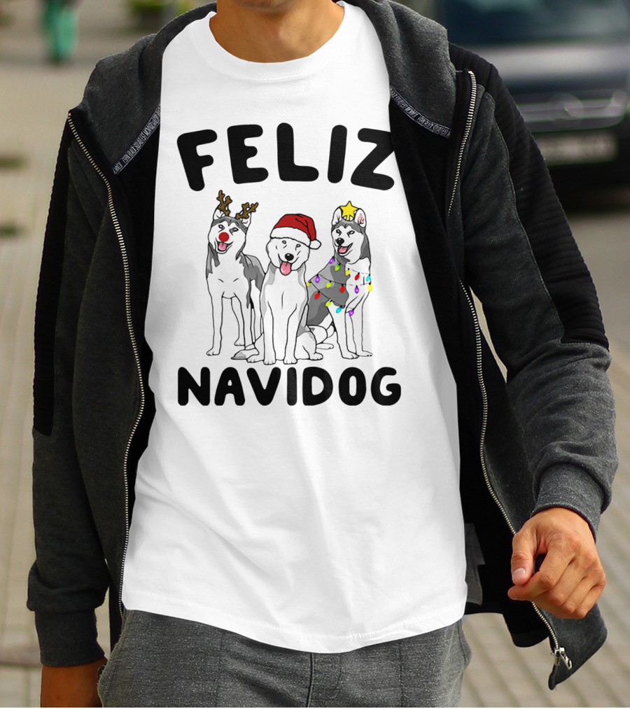 Feliz Navidog Husky Reindeer Santa Lights T-Shirt