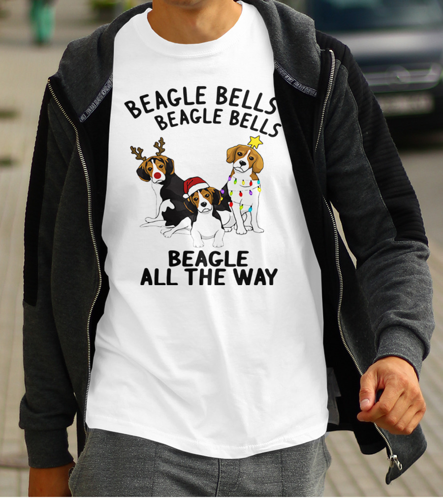 Beagle Bells Beagle All The Way Christmas Theme With Santa Hat And Reindeer Antlers T-Shirt