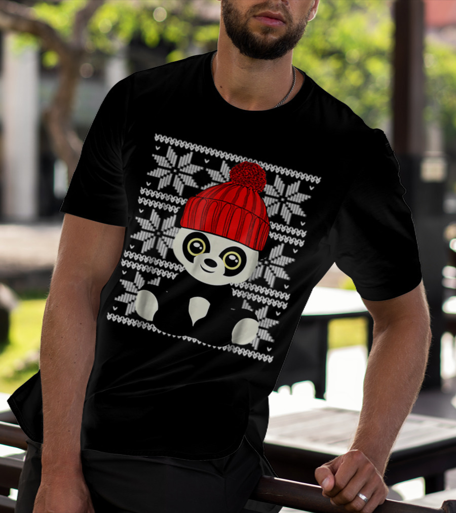 Ugly Sweater Christmas Panda Bear With Red Knit Hat T-Shirt